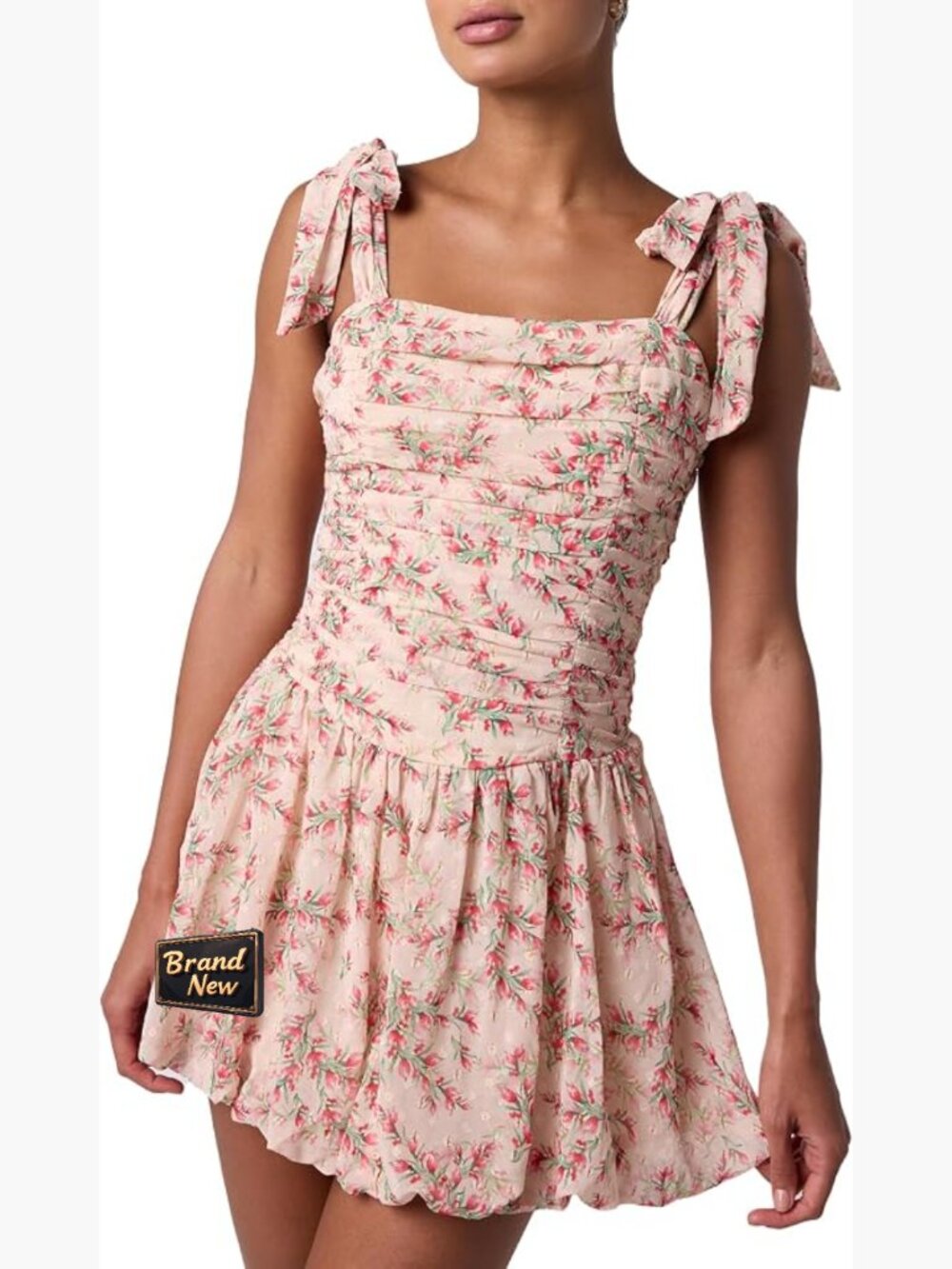 Floral Fit & Flare Mini Dress With Bow Shoulder Straps